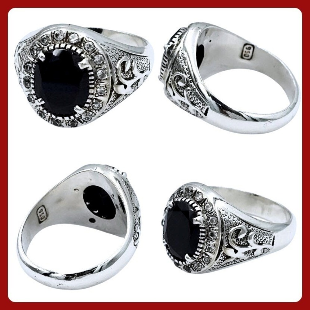 950 Silver Black Onyx Mens Signet‎ Ring Oval Halo Filigree Band Size 11